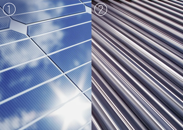 Geteiltes Bild zeigt links Solarmodule einer PV-Anlage und rechts einen Teil einer Solarthermieanlage.